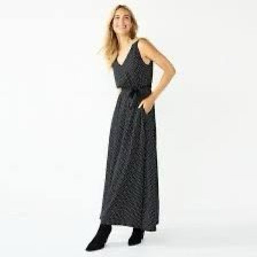 Draper James RSVP Women’s Small Fit and Flare Maxi Dress Black Seamless V Neck